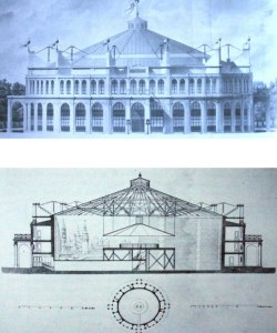 J. I. Hirtoff, Rotonda dei Panorama a Champ Elyséè, prospetto e sezione, da Reveue Générale de l'Architecture, 1841